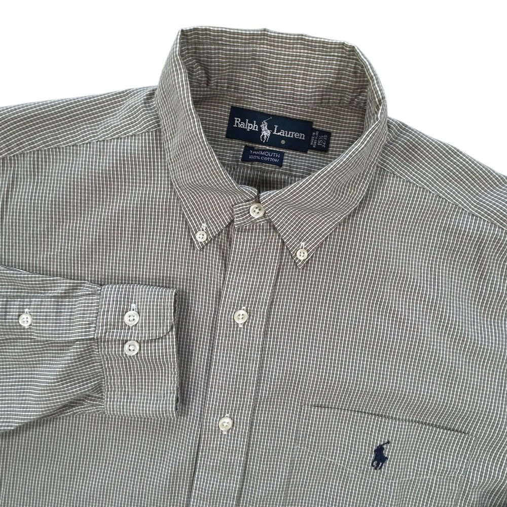 Vintage Ralph Lauren Yarmouth Mens 15.5 34/35 Brown Micro Check Shirt 90s Cotton